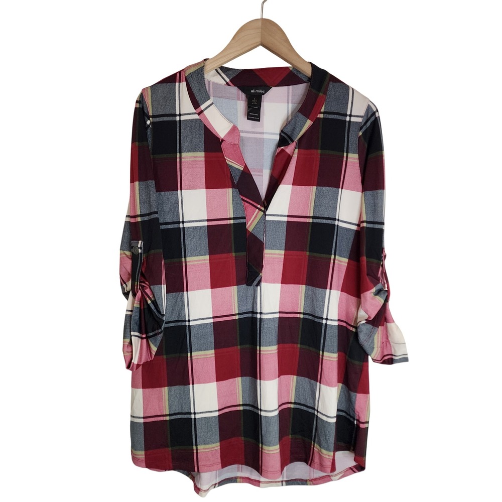 Ali Miles‎ Tunic Women's Small Plaid 3/4 Sleeve V-Neck Red Black